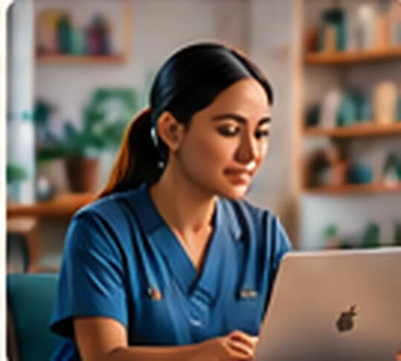 A nurse in scrubs looking at a laptop