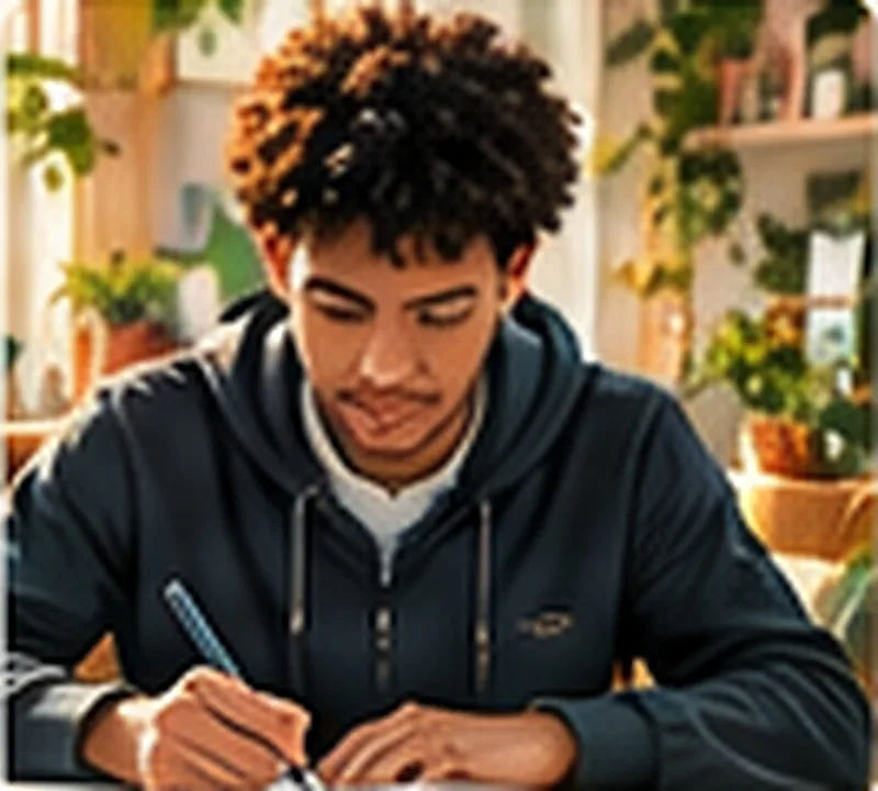 A young man writing in a notebook at a plant-filled desk
